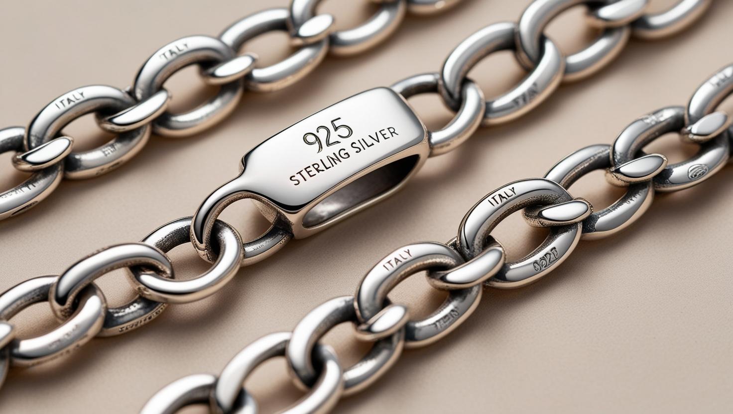Detailed close-up of 925 Italy sterling silver chain links with visible 