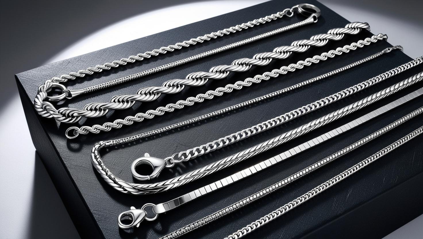Close-up of assorted 925 Italy silver chain designs displayed on a black leather case under soft studio lighting.