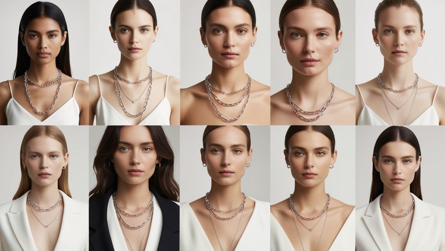 Models showcasing layered silver chain necklaces with minimalist outfits, highlighting various chain styles such as curb, paperclip, and rope designs.