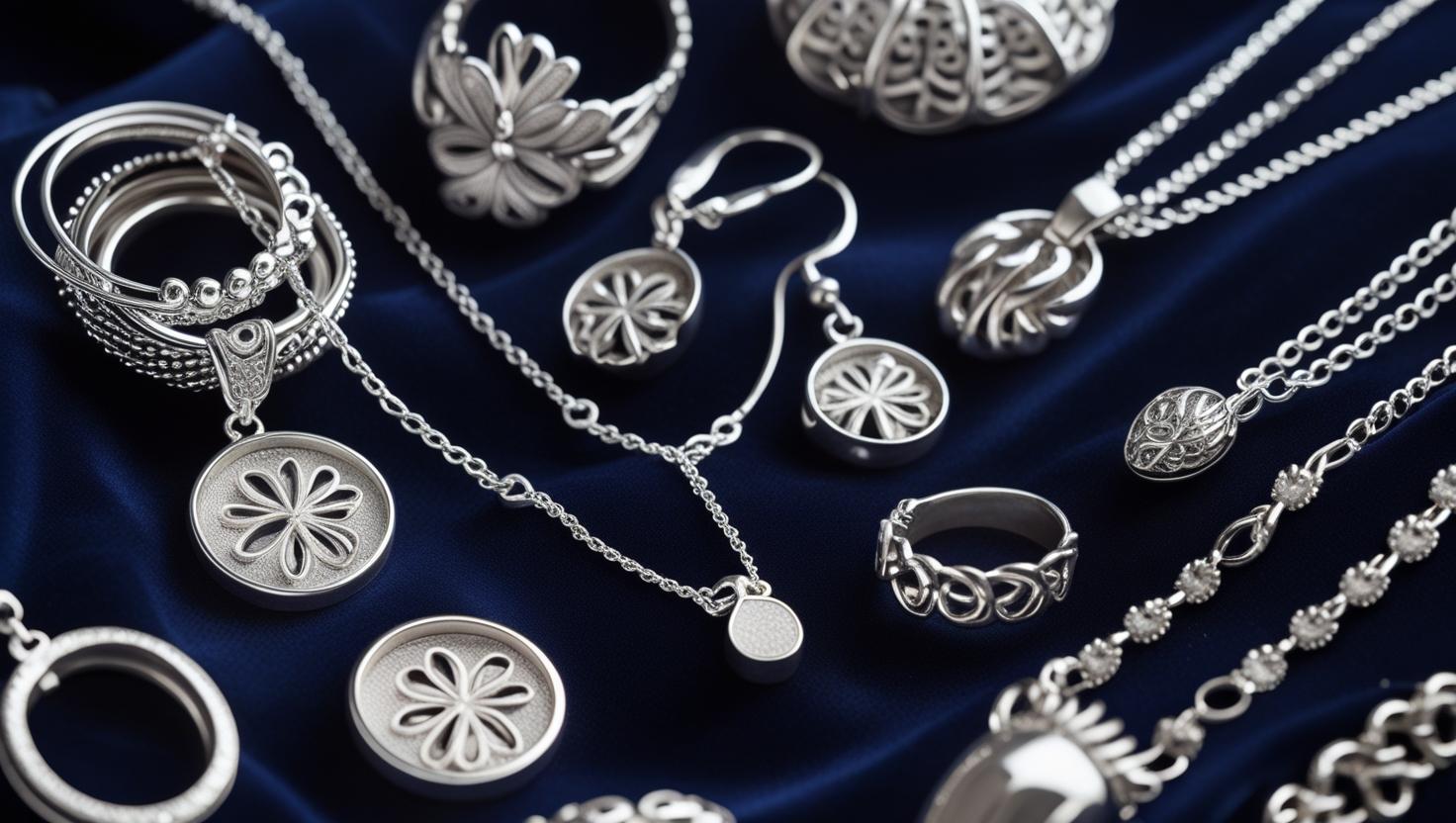 Italian 925 Silver rings, bracelets, and pendants on dark blue fabric.