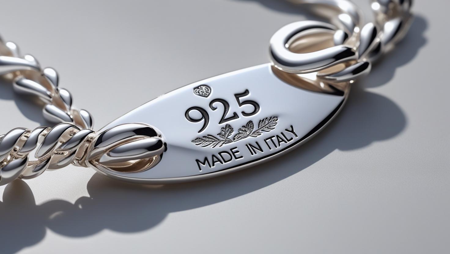 Close-up of a silver bracelet engraved with “925 Made in Italy.”