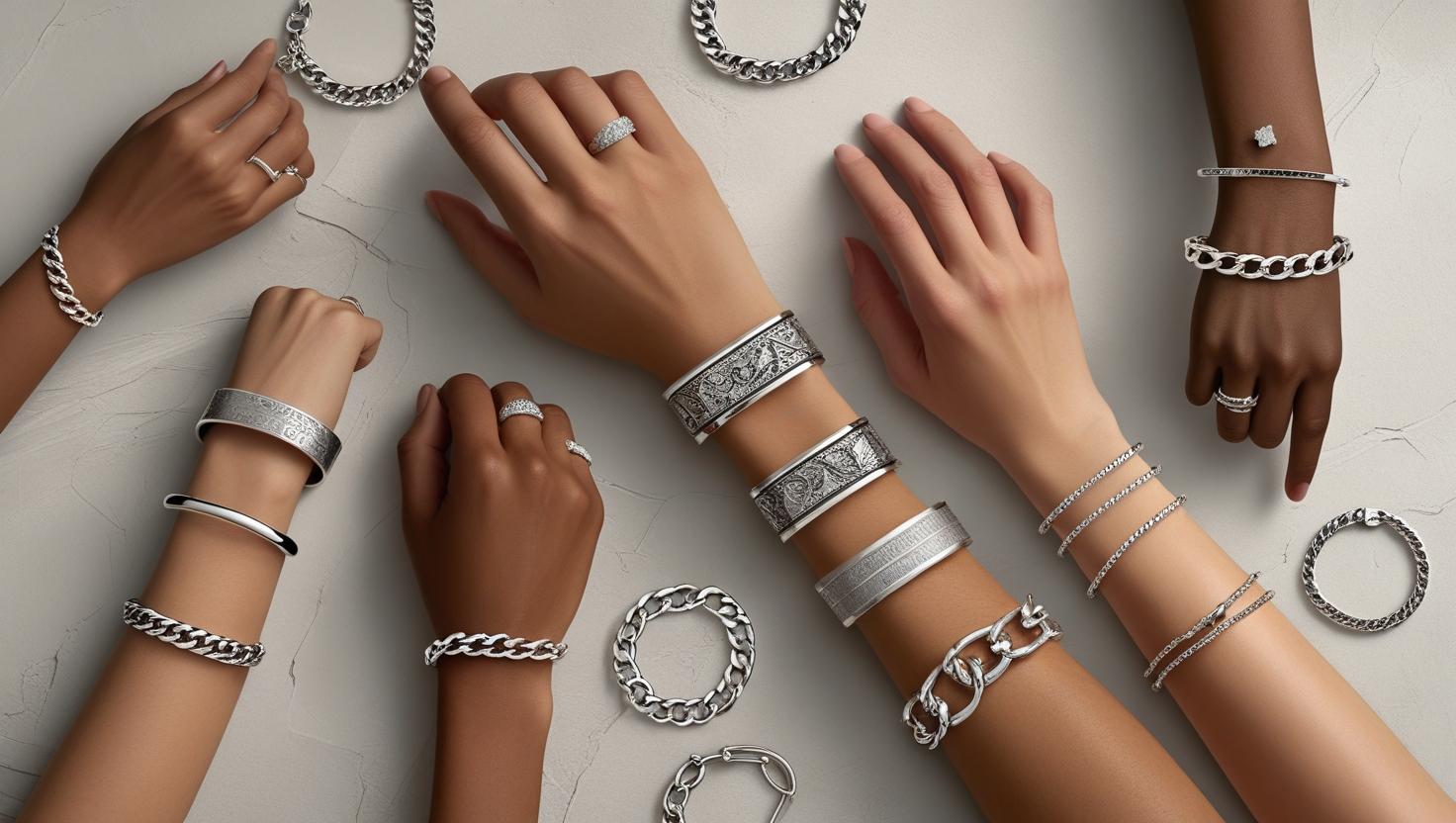 Hands wearing various Silver Bracelets, showing different styles and everyday versatility.