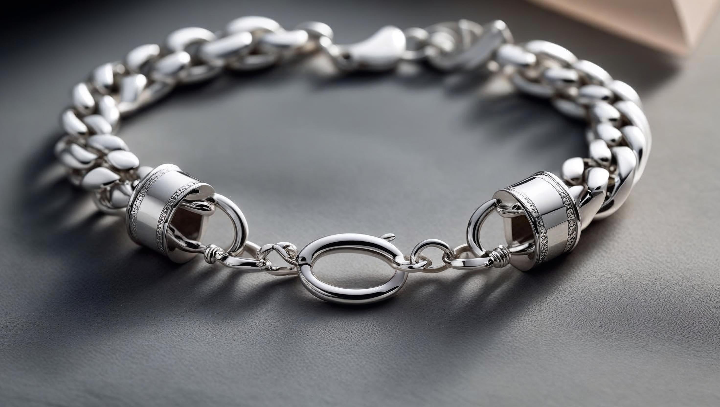 Close-up of a thick Silver Bracelet on a dark surface, showing elegant detail and shine.