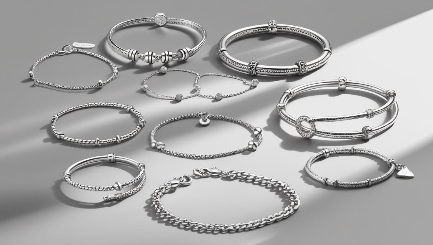 Assorted 925 Italy Silver Bracelets including bangles, charm, and chain styles displayed on a gray surface.