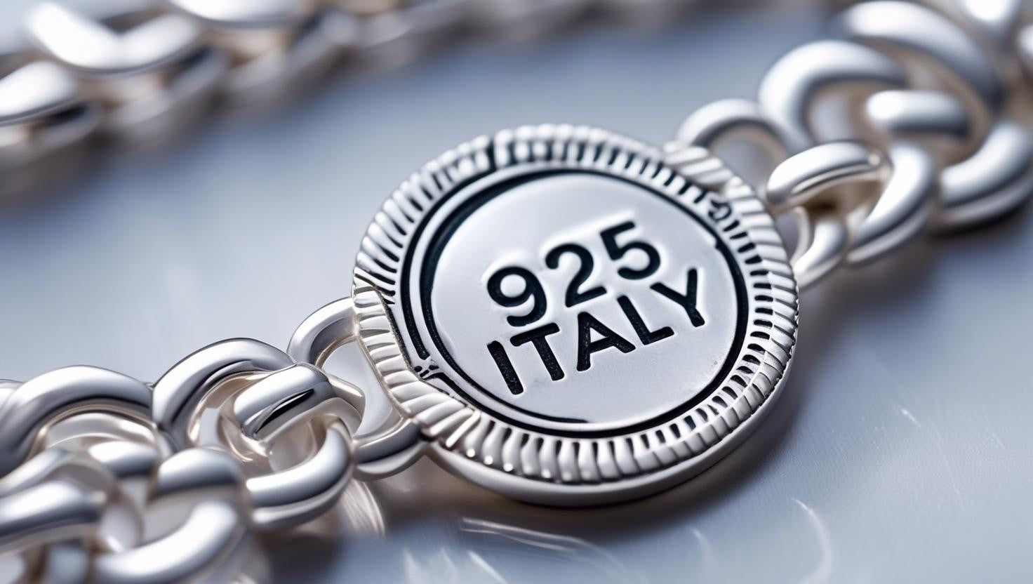 Close-up of a 925 Italy hallmark on a sterling Silver Bracelet showing authenticity and craftsmanship.