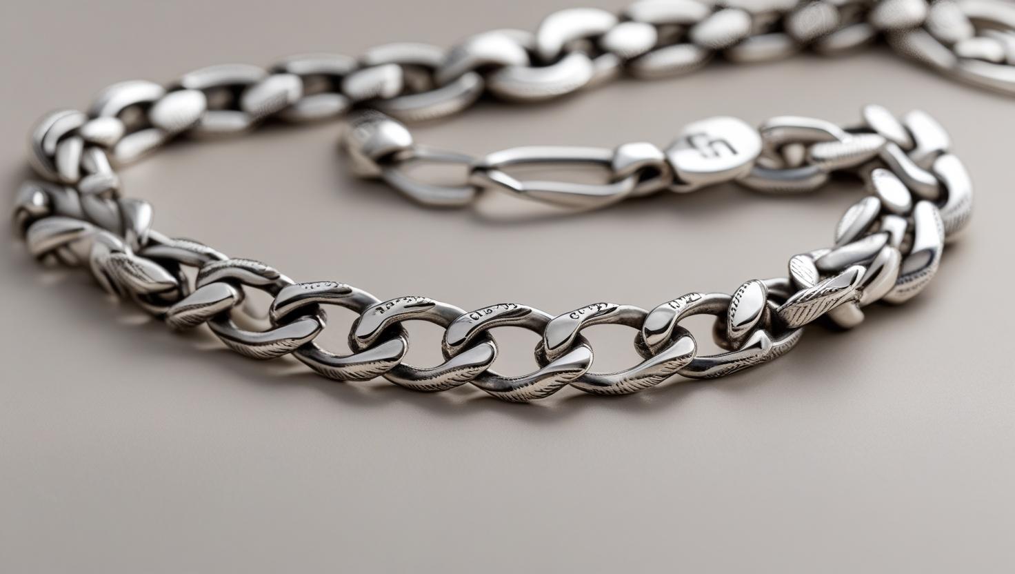 Close-up of a polished 925 Italy silver chain with intricate detailing and a secure clasp, showcasing craftsmanship and durable design.
