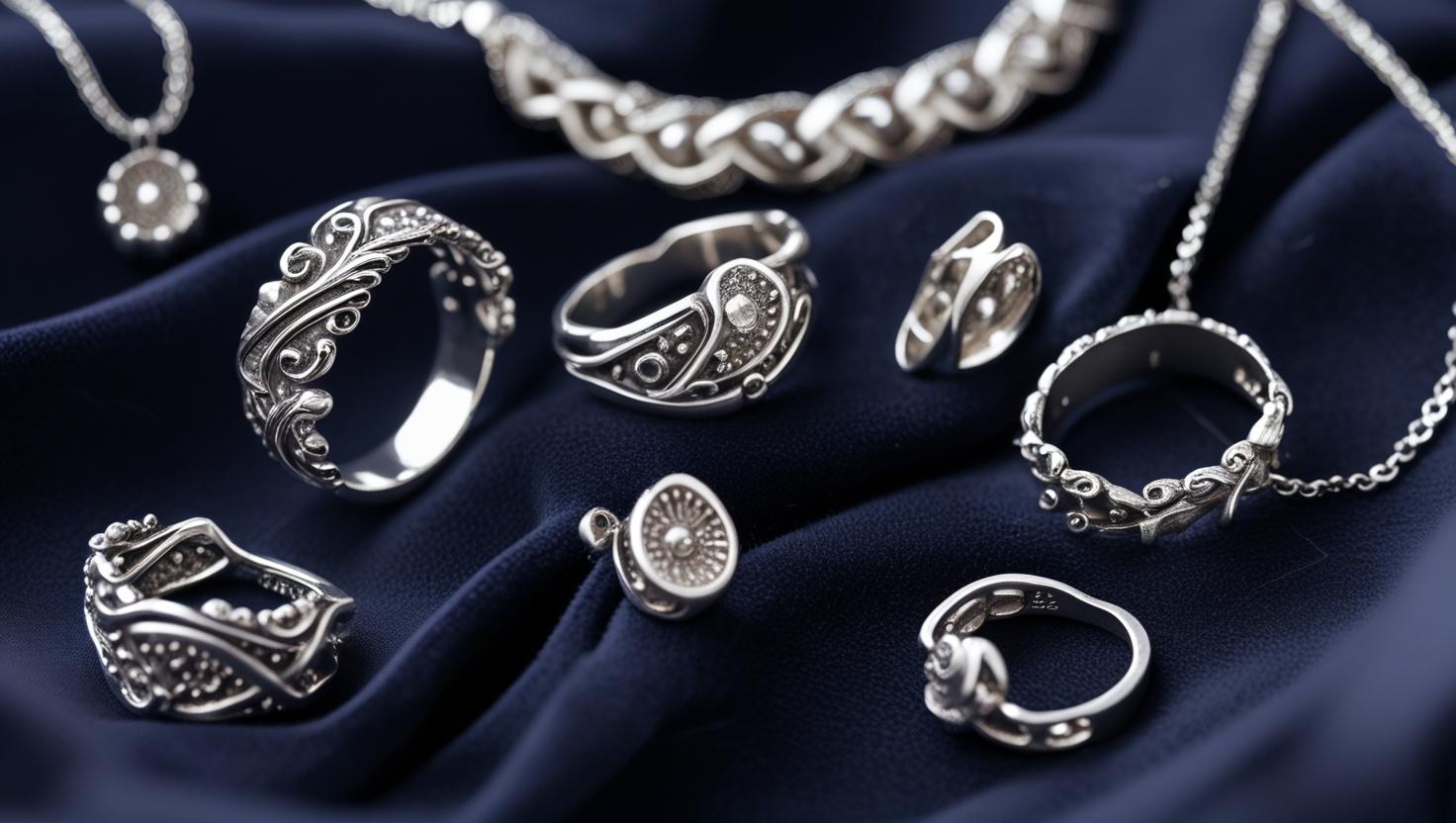Artisan 925 Italy silver rings and necklaces displayed on dark fabric, showcasing intricate handcrafted designs.