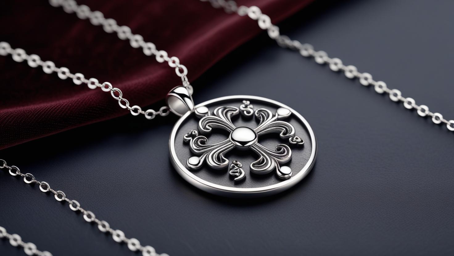 Close-up of an ornate 925 Italy silver pendant with intricate scrollwork on a silver chain.