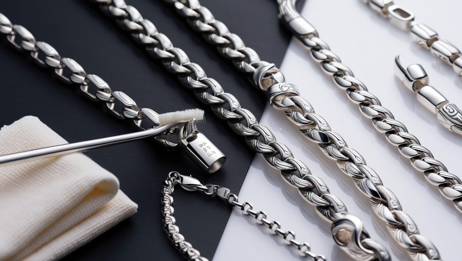 Multiple Italian 925 Silver chains being cleaned with a soft brush and cloth on a dark background.