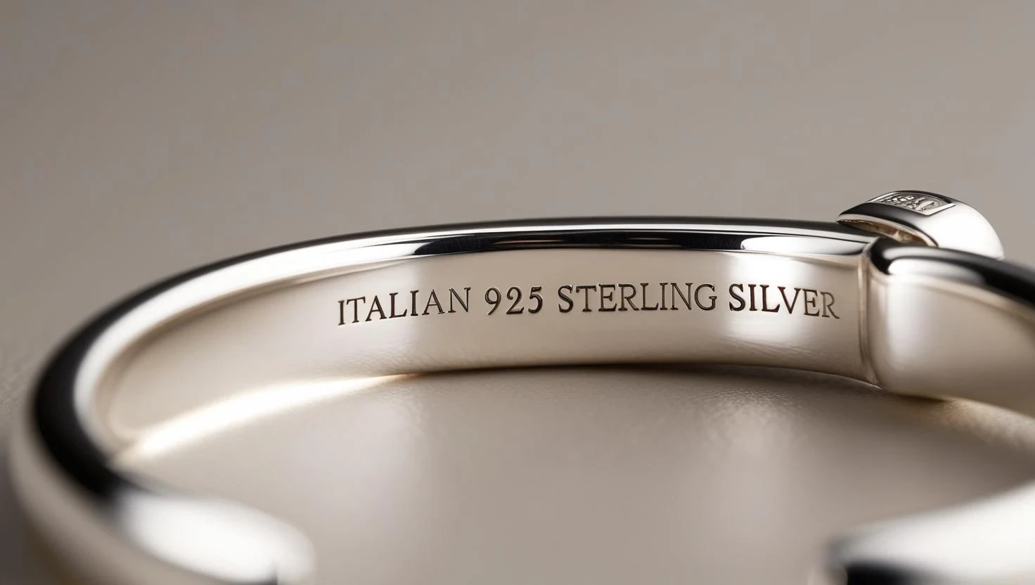 Close-up of an engraved Italian 925 Sterling Silver bracelet showing hallmark inside the polished band.