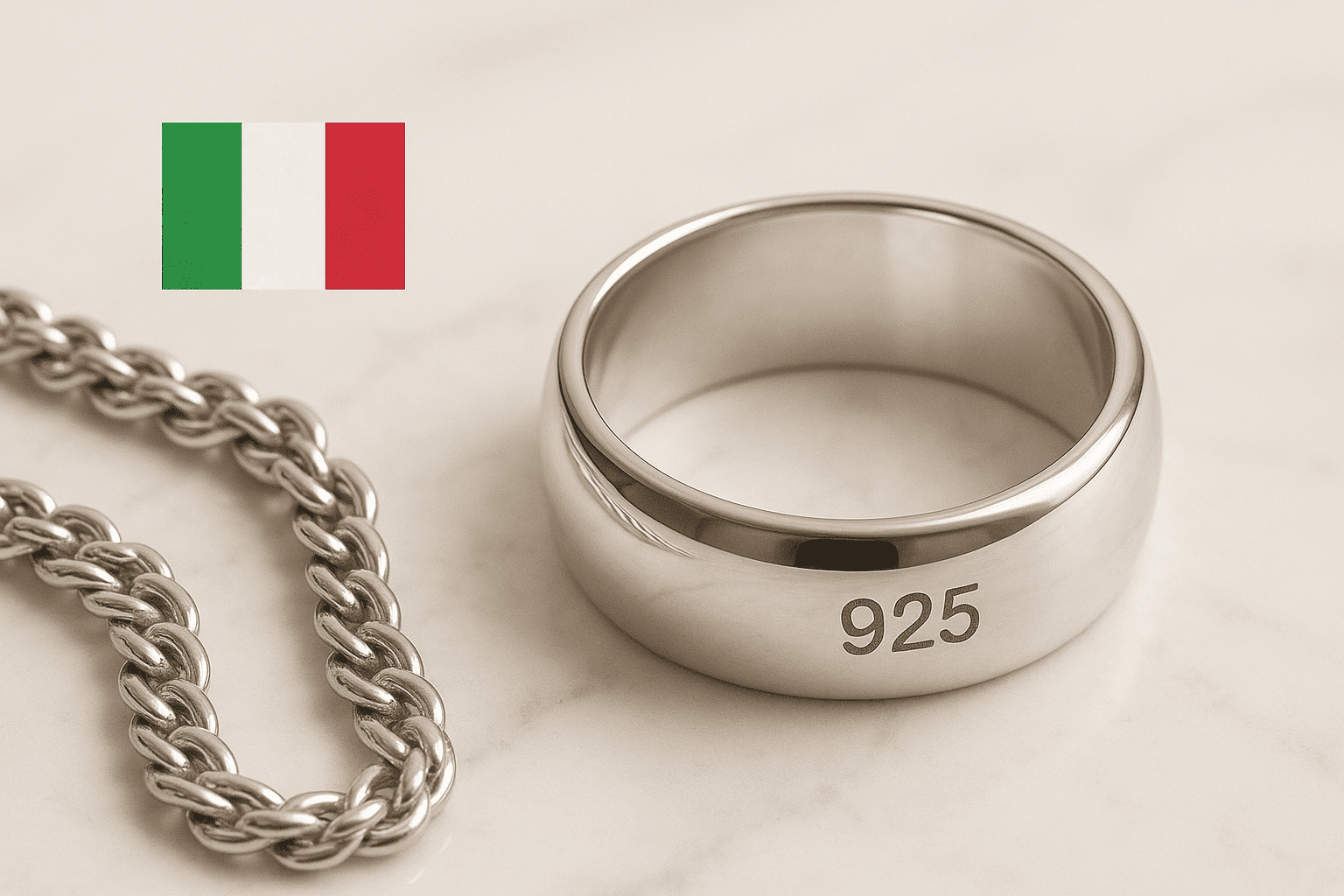 Italian 925 silver ring and chain with Italian flag.