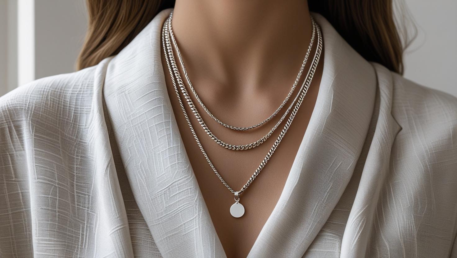 Layered silver chains on a woman wearing a white textured blouse, showcasing elegant minimalist styling.
