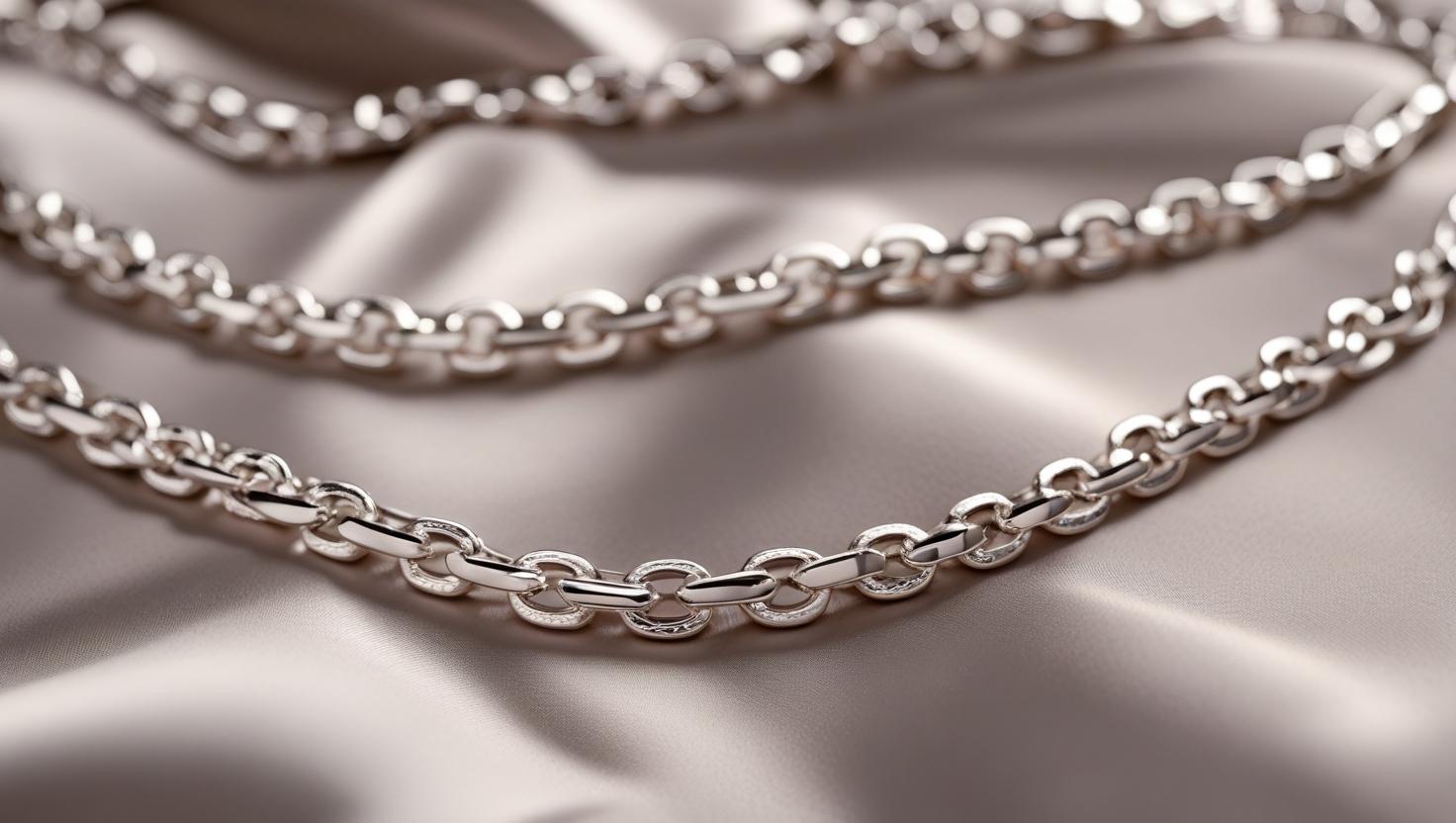Close-up of polished silver chain links on a satin surface, highlighting texture and shine.
