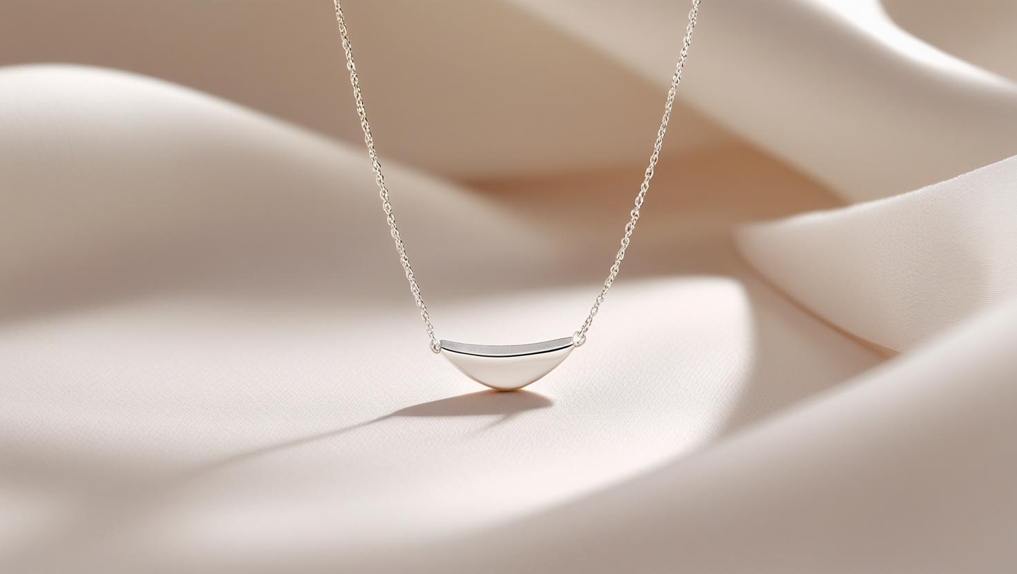 Minimalist silver chain necklace with curved pendant displayed on soft beige fabric.