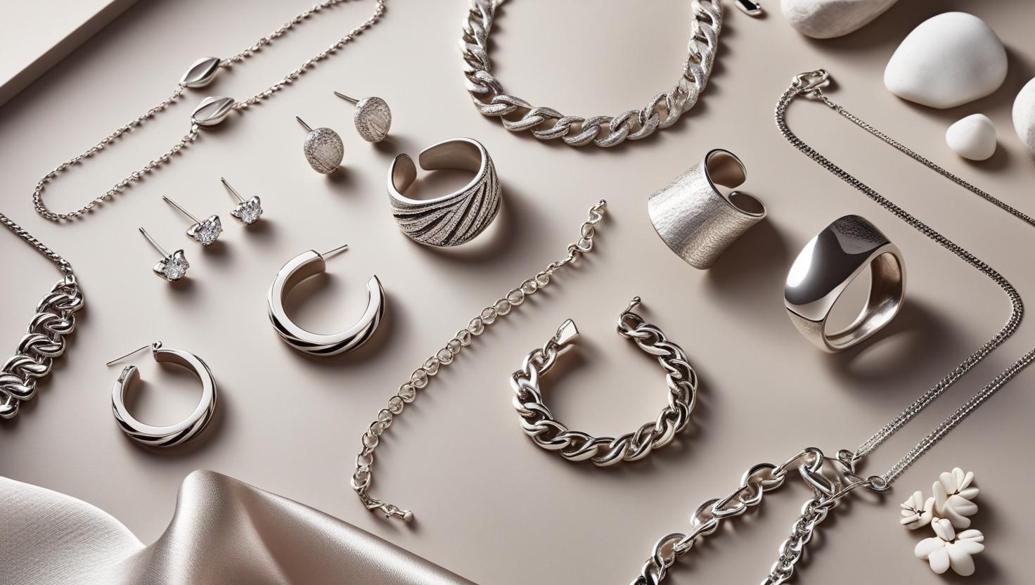 Flat lay of assorted sterling silver jewelry including hoops, rings, bracelets, earrings, and chains displayed on a beige satin surface with white stones.