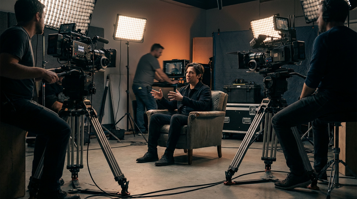 A documentary interview being filmed with two cinema cameras facing the subject