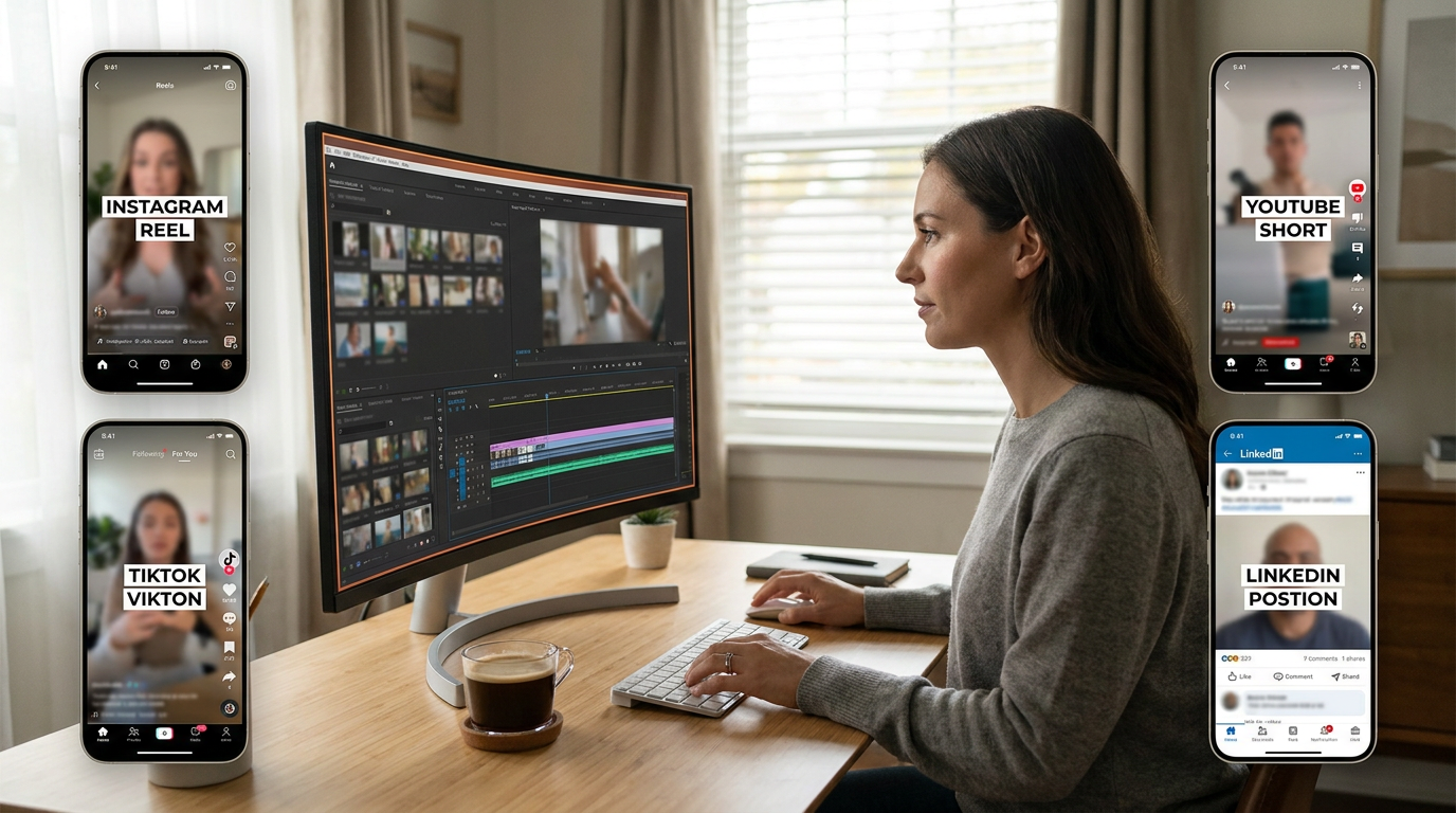 Content creator at desk with multiple phone screens showing social media posts