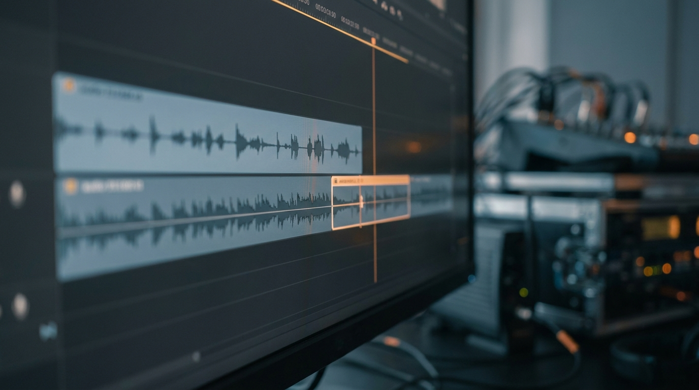 Editing software timeline showing overlapping audio and video waveform tracks