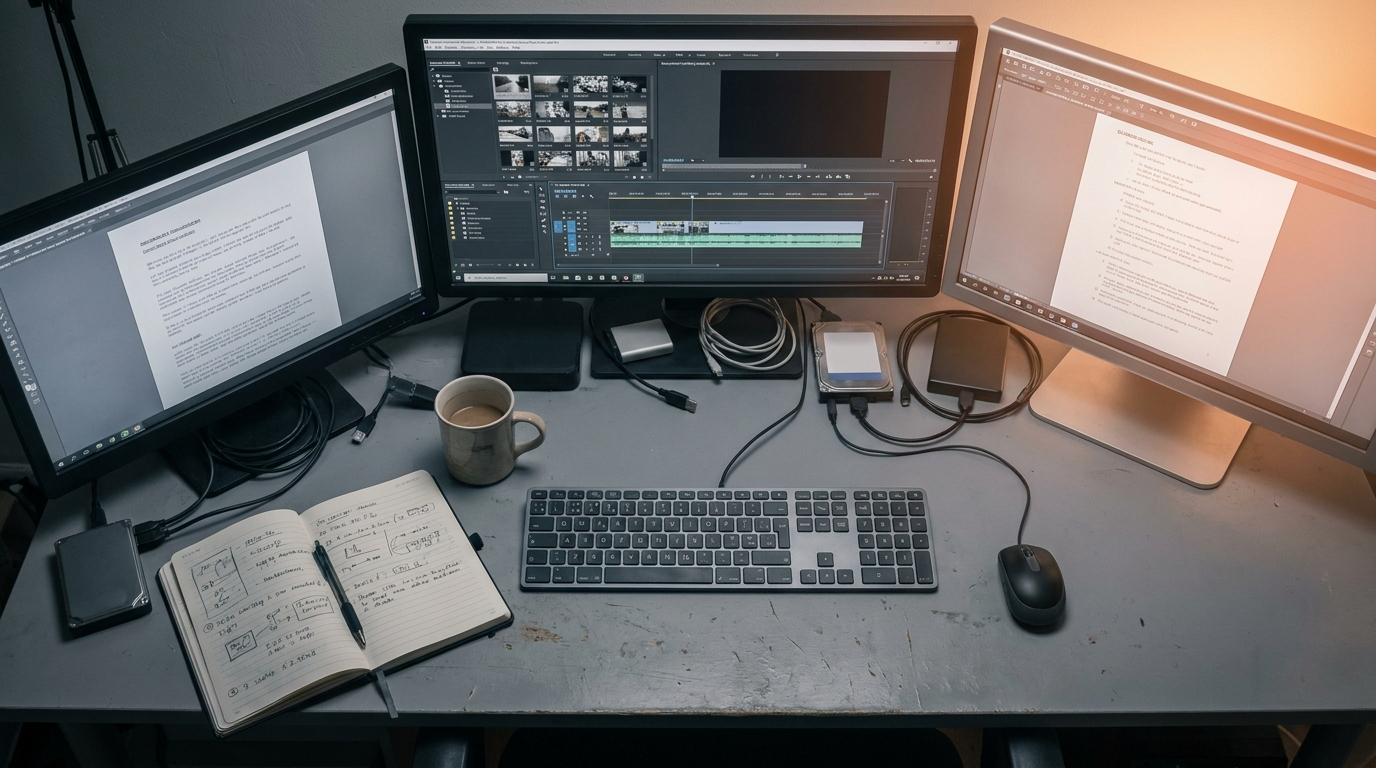 Overhead view of a documentary production desk with editing software and footage bins