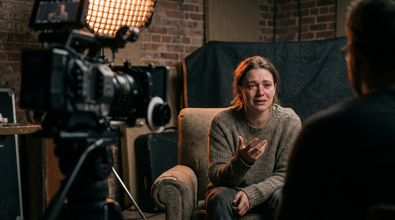 Documentary-style testimonial interview being filmed in a small studio
