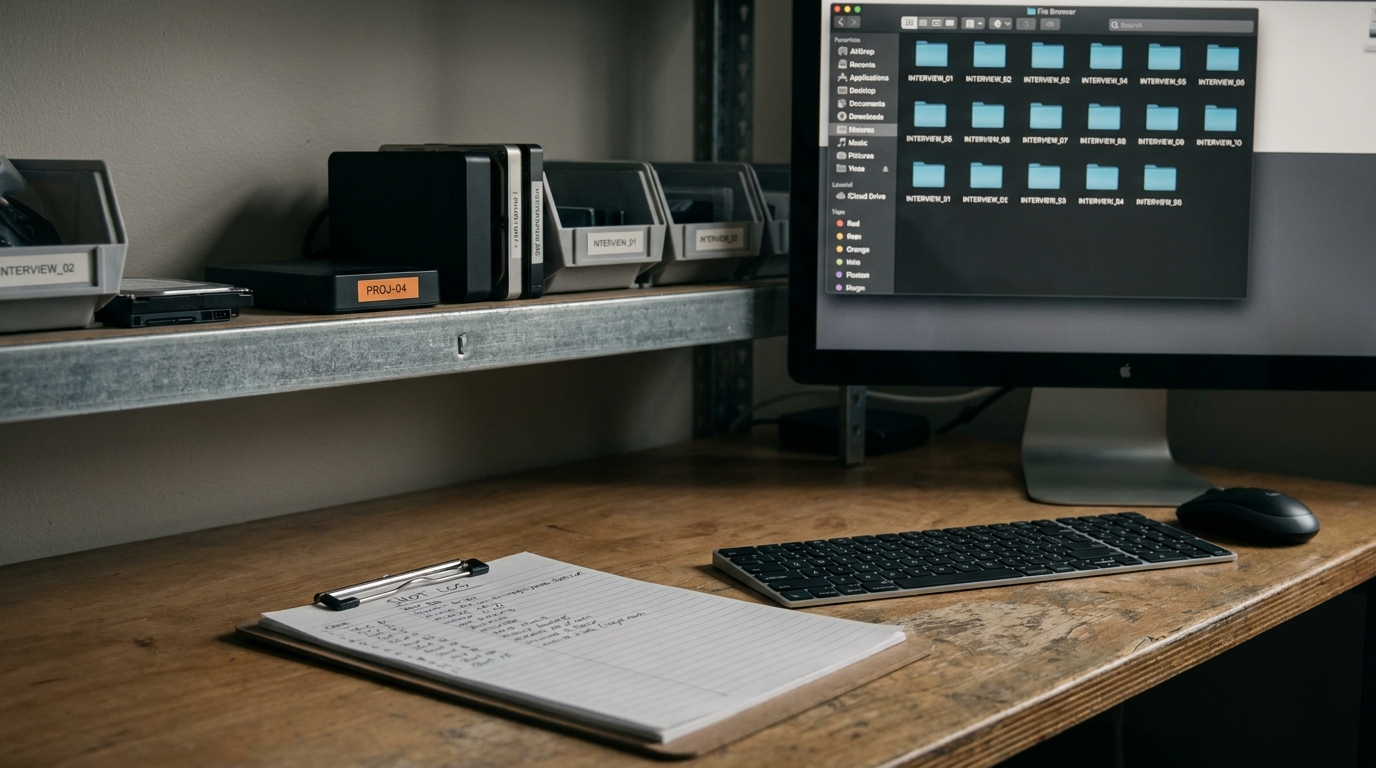 Video editing bay with organized hard drives and labeled interview footage bins