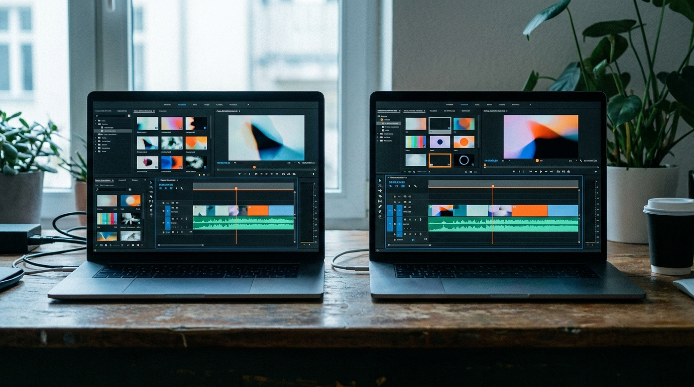 Two laptops side by side showing different video editing software interfaces