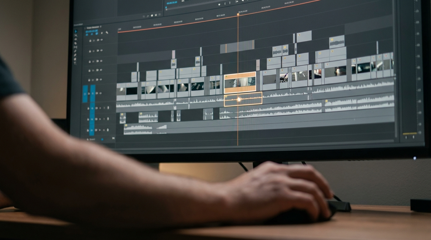 Editing timeline showing rough unedited clips stacked in a row