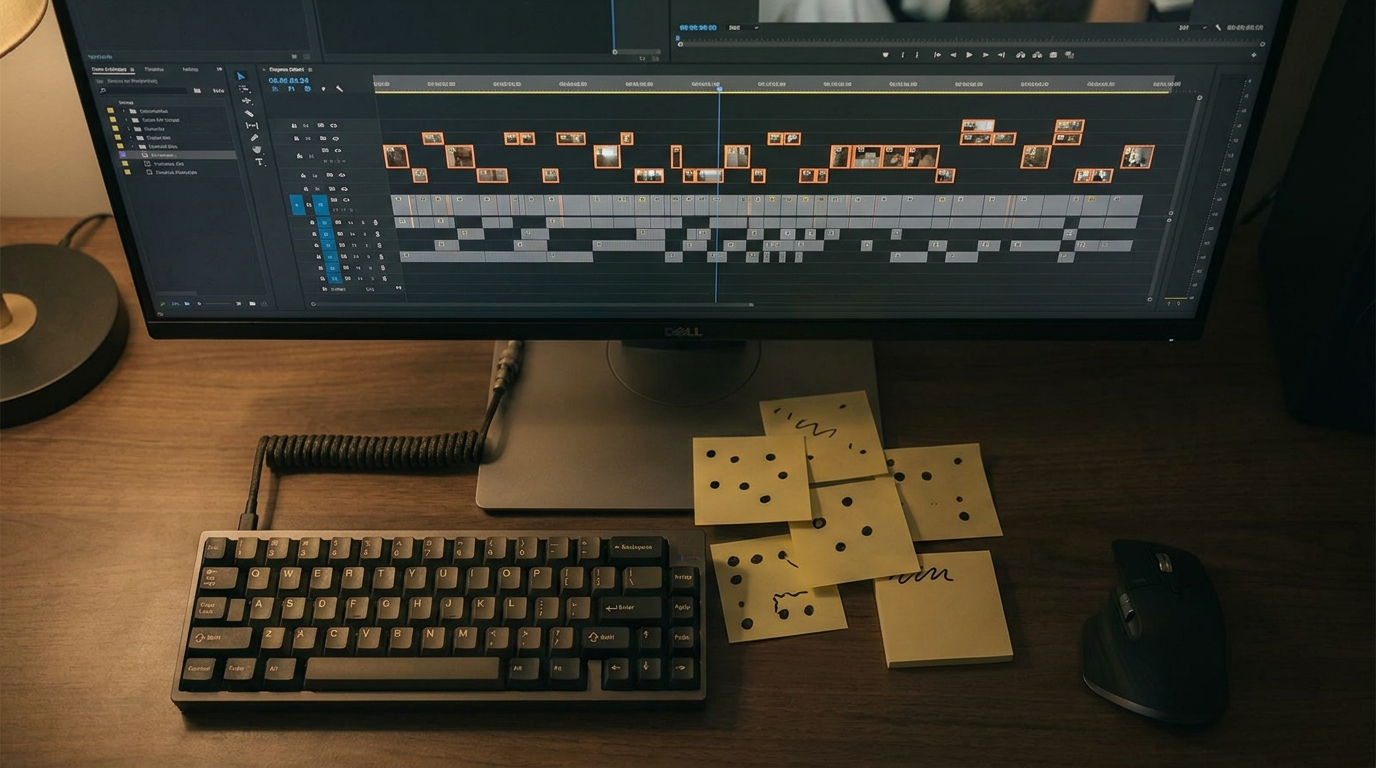 Editing timeline with selected highlight clips among unselected footage