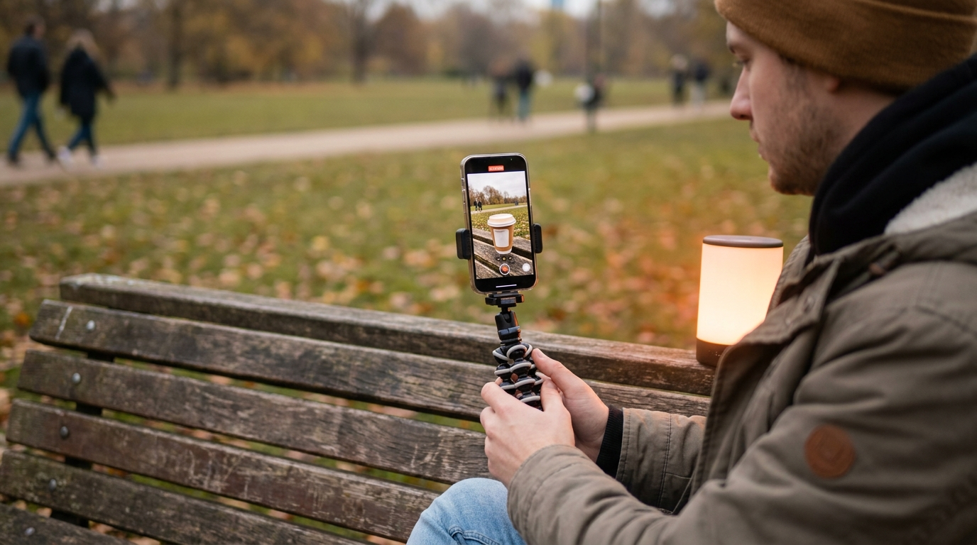 Creator filming a vertical short-form video on a phone tripod outdoors