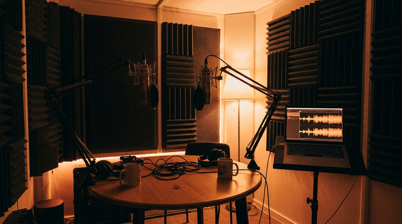 Podcast recording booth with two microphones on boom arms facing each other