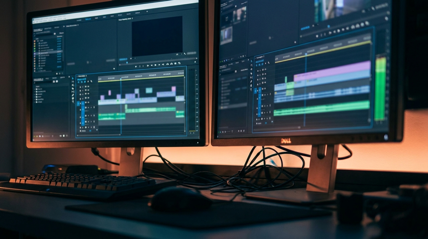 Two editing bay monitors side by side each showing a different video editing timeline