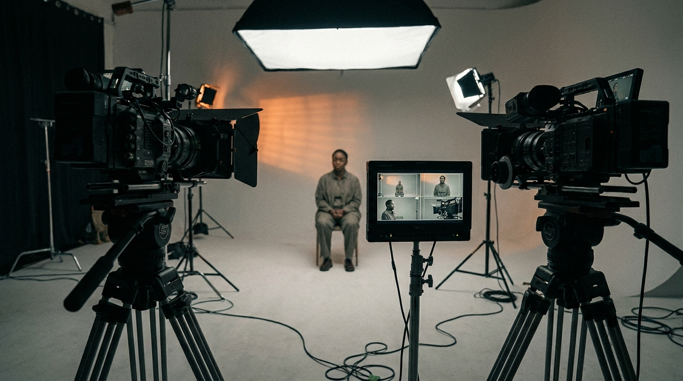 Multicam documentary interview setup with two cameras on tripods and a split-preview monitor