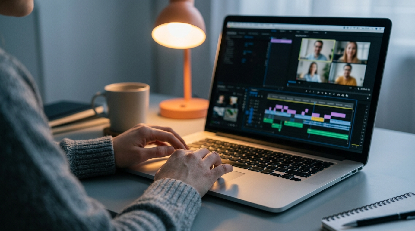 Editor reviewing a Zoom recording timeline on a laptop