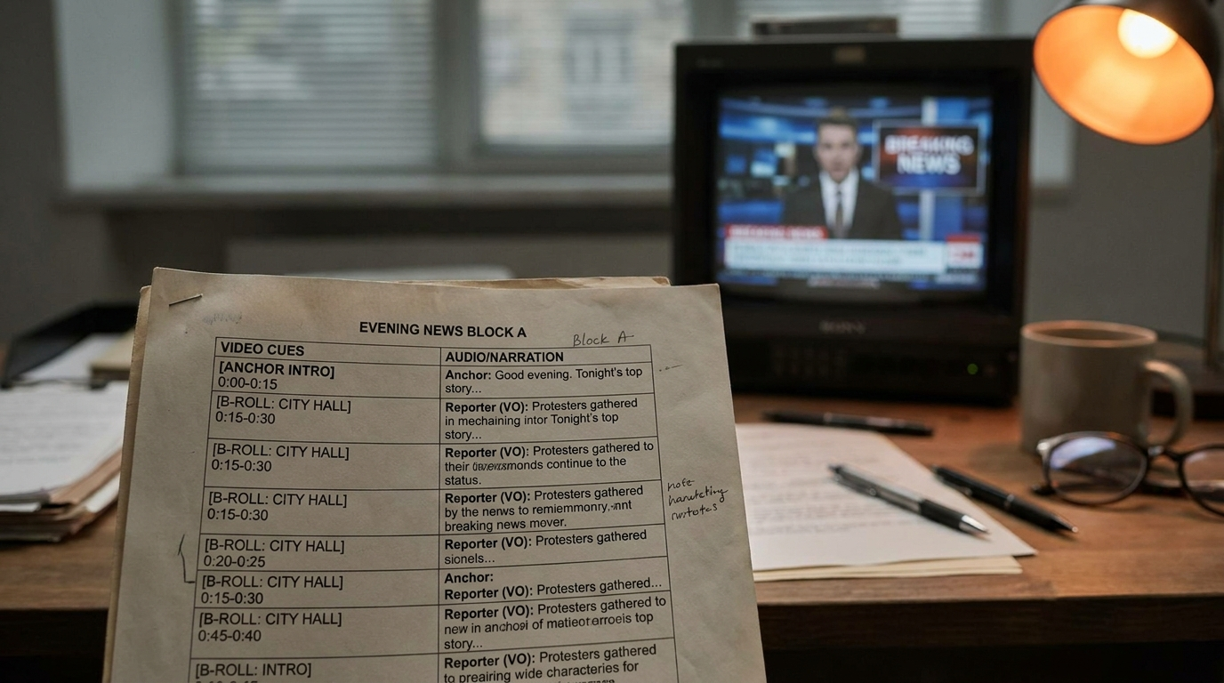 A two-column broadcast script on a writer's desk, video cues on the left, audio copy on the right