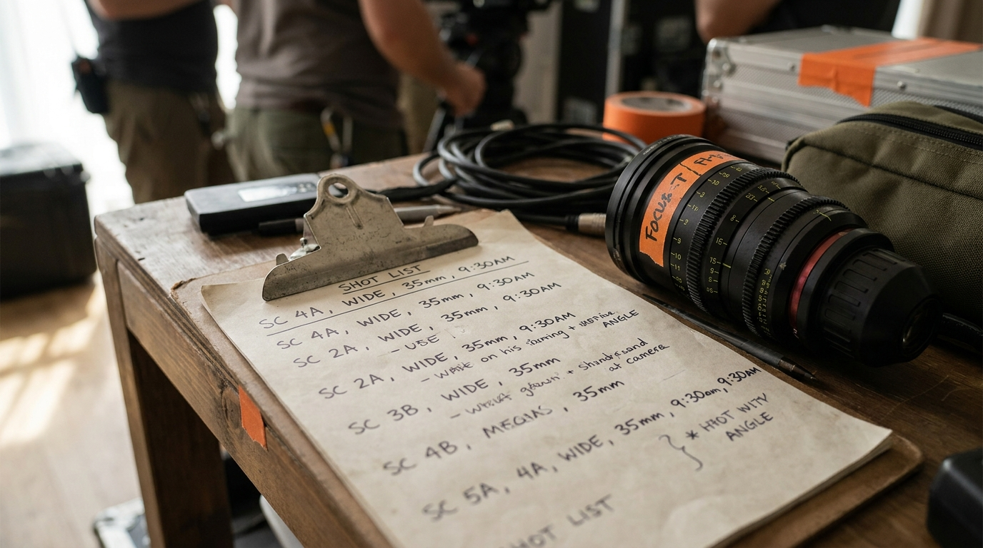 Handwritten shot list on a clipboard next to a cinema camera lens on a production table