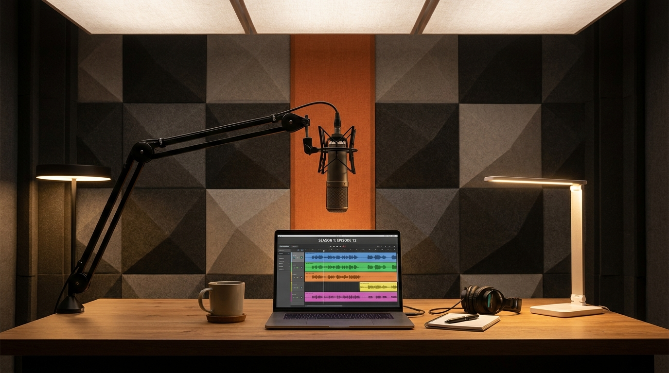 Podcast recording desk with microphone, acoustic panels, and laptop showing a multi-episode audio timeline