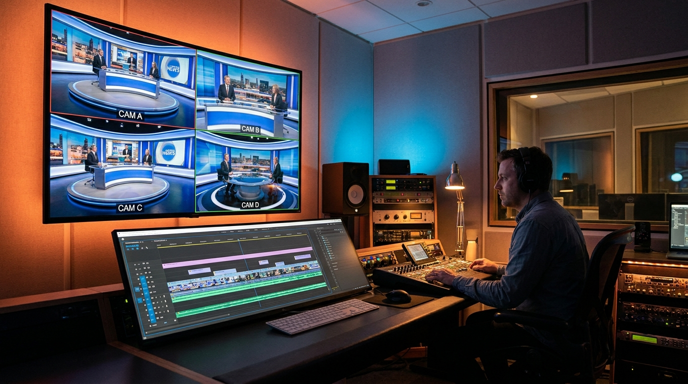 Professional editing suite with a large monitor showing a multicam viewer with four synchronized camera angle previews and a multi-track timeline below