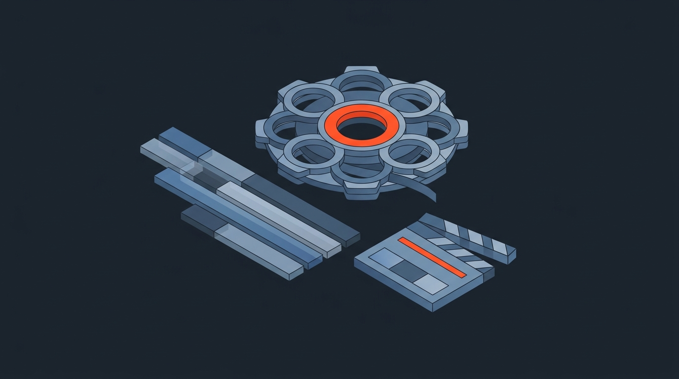 Flat editorial illustration of an abstract film reel and timeline bars representing documentary post-production