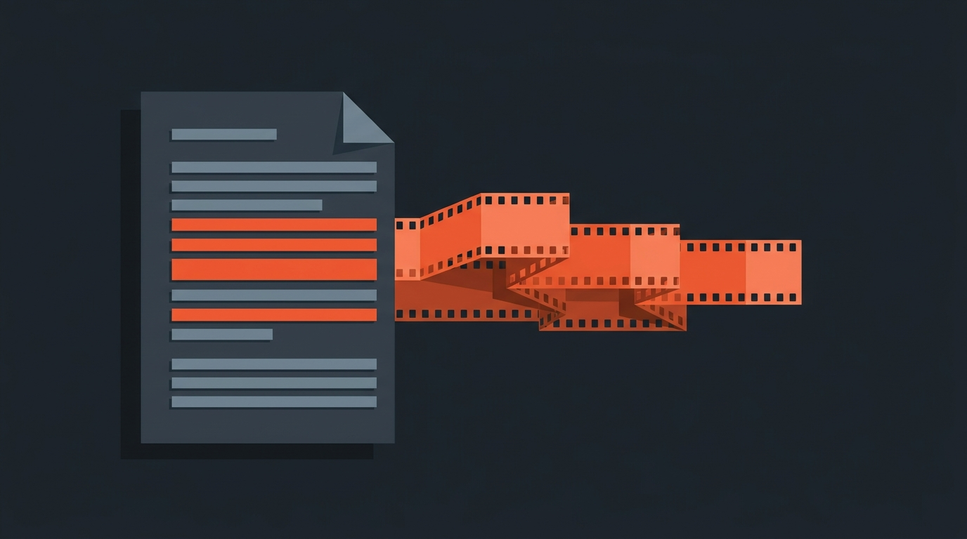 Flat editorial illustration of a transcript document turning into film-strip timeline blocks, symbolizing paper edit software