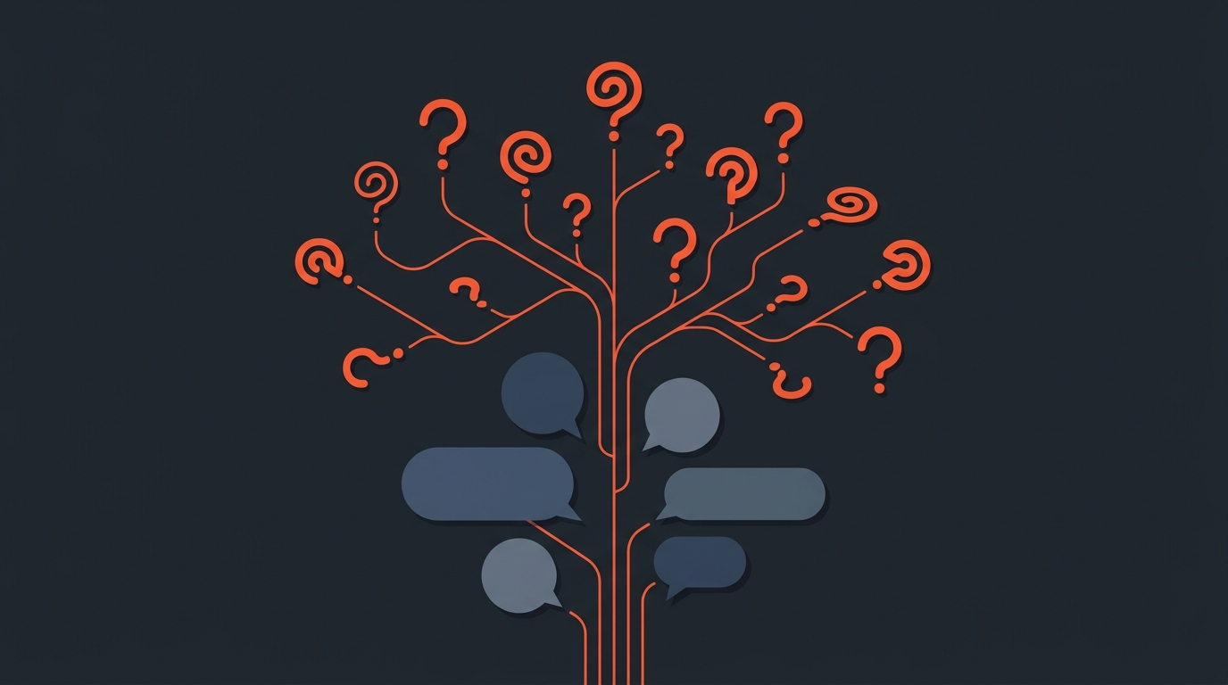 Flat editorial illustration of branching speech-bubble and question-mark shapes on a dark background, representing how interview questions branch into follow-ups