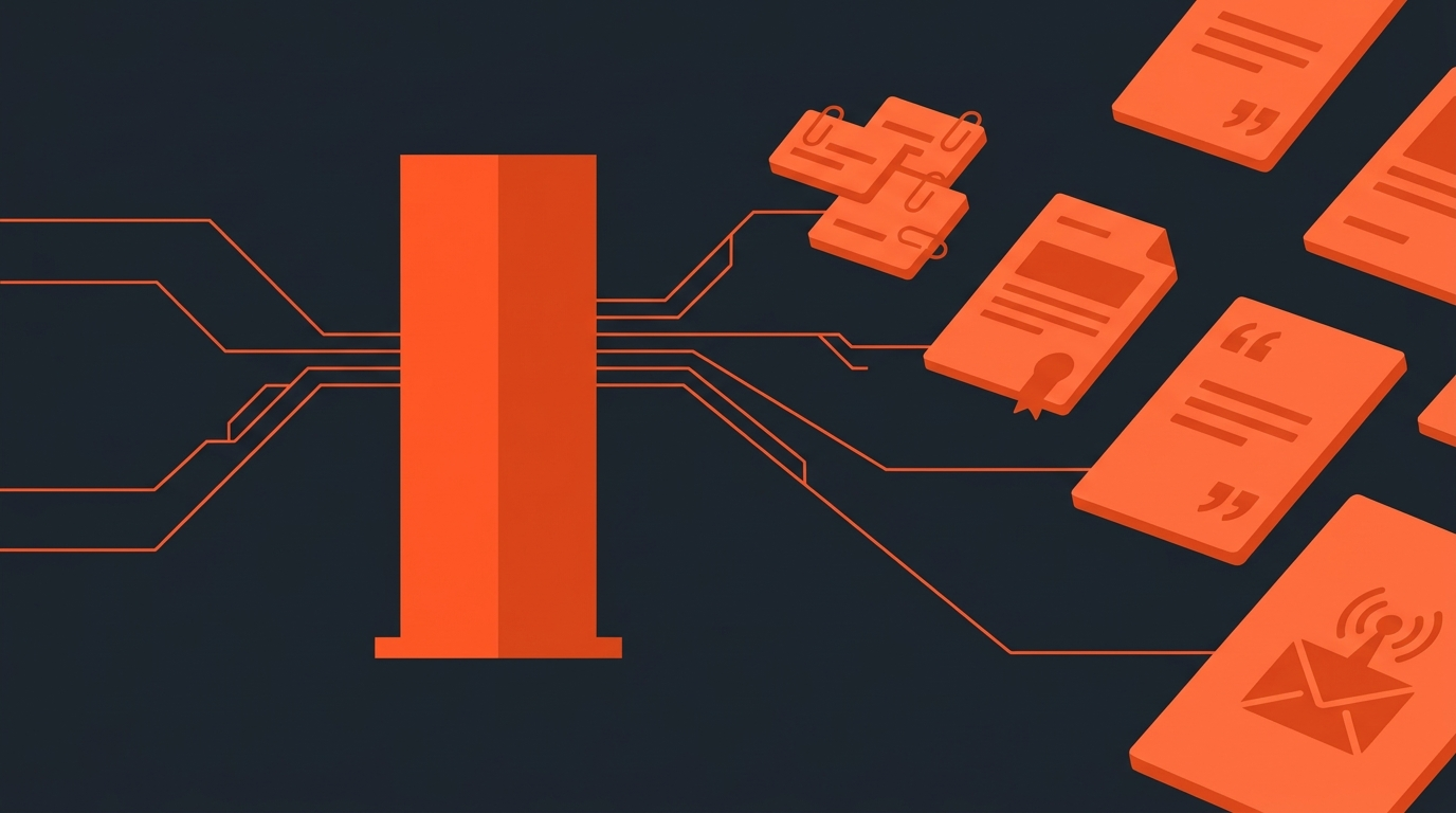 Flat editorial illustration of a single orange pillar shape branching into smaller repeated content tiles on a dark background, representing one recording repurposed into many pieces of content