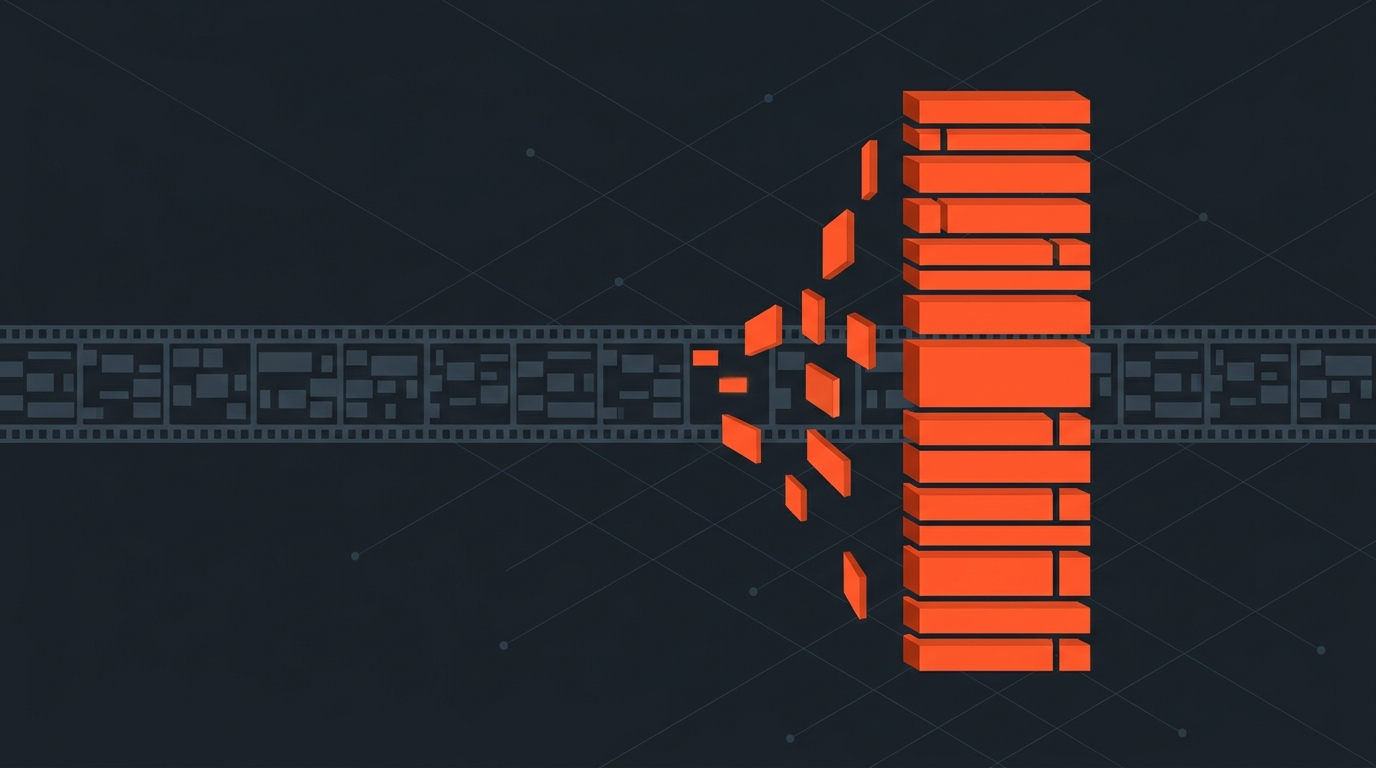 Flat editorial illustration of clip fragments being pulled from a long filmstrip and stacked into a short highlight sequence