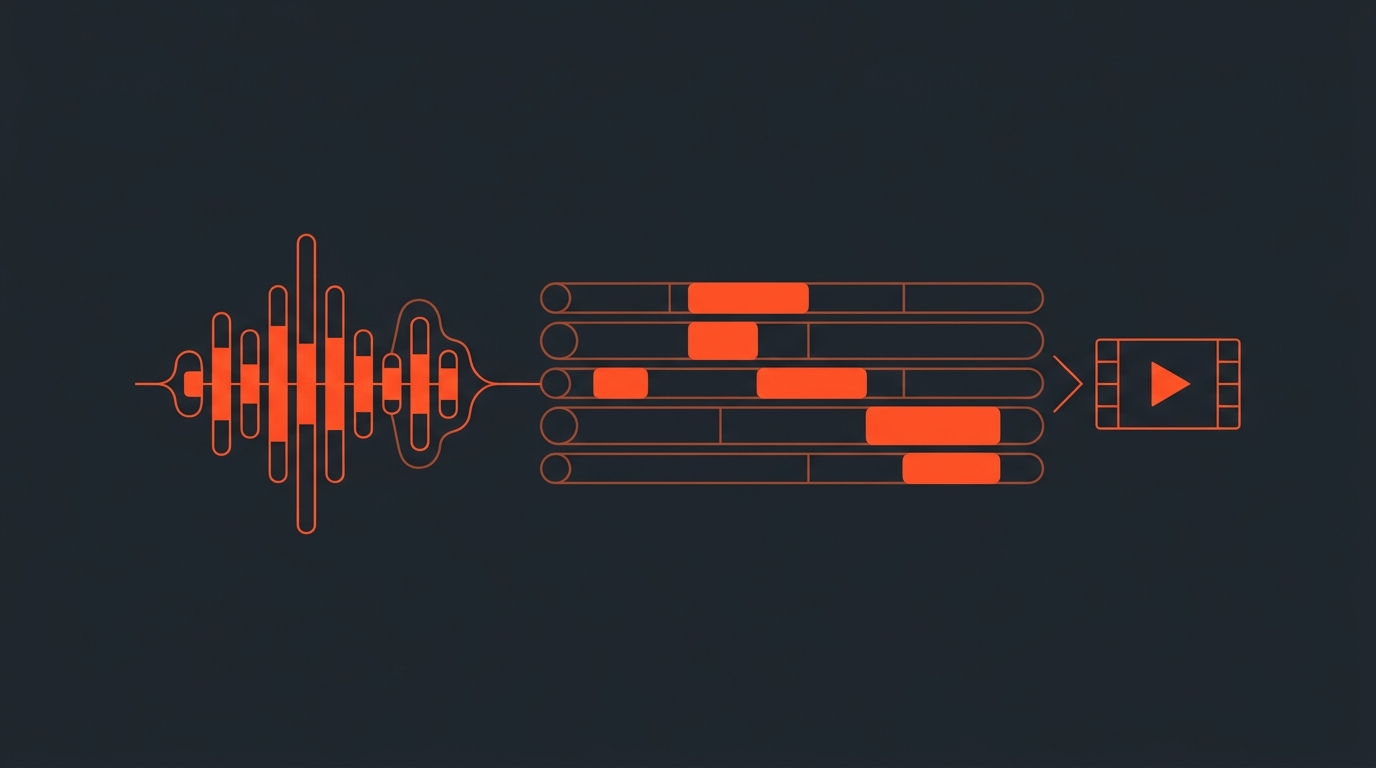Abstract editorial illustration of a podcast production pipeline: a waveform turning into a selected timeline segment beside a software window icon, orange accent on dark background