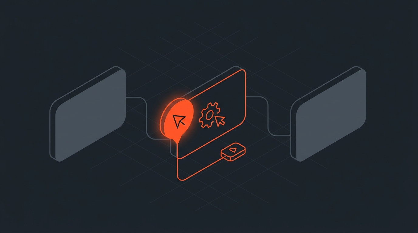 Flat editorial illustration of screen-recording rectangles flowing into a highlighted feature callout, representing a product demo video edit