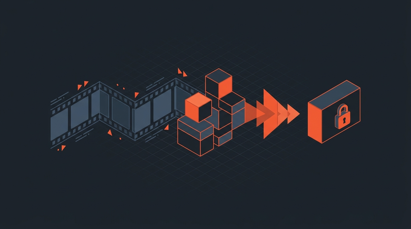 Flat editorial illustration of a documentary post-production pipeline with orange accent on a dark background