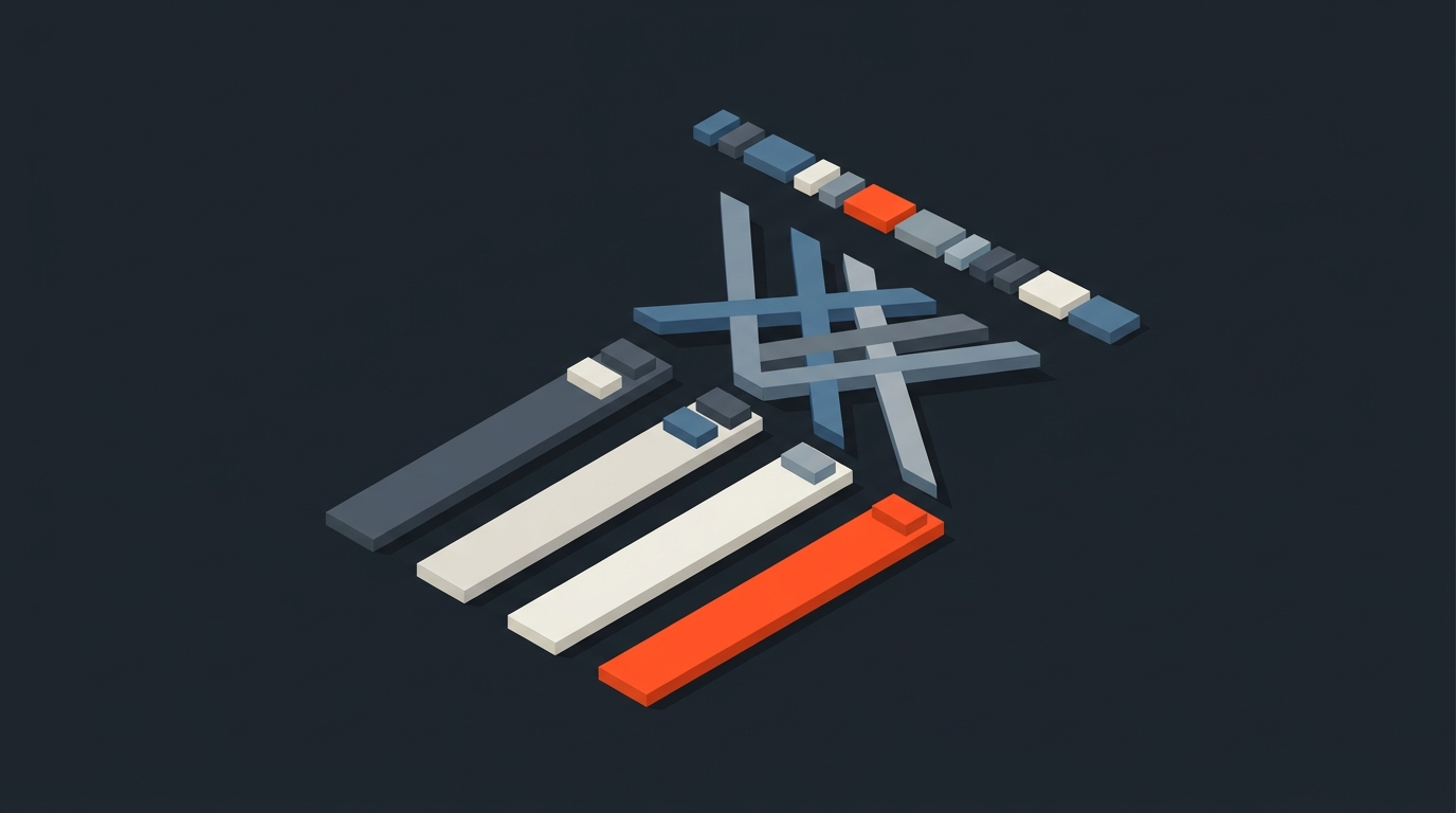 Abstract editorial illustration of timeline blocks being sorted into category lanes, representing a comparison of AI video editing tools