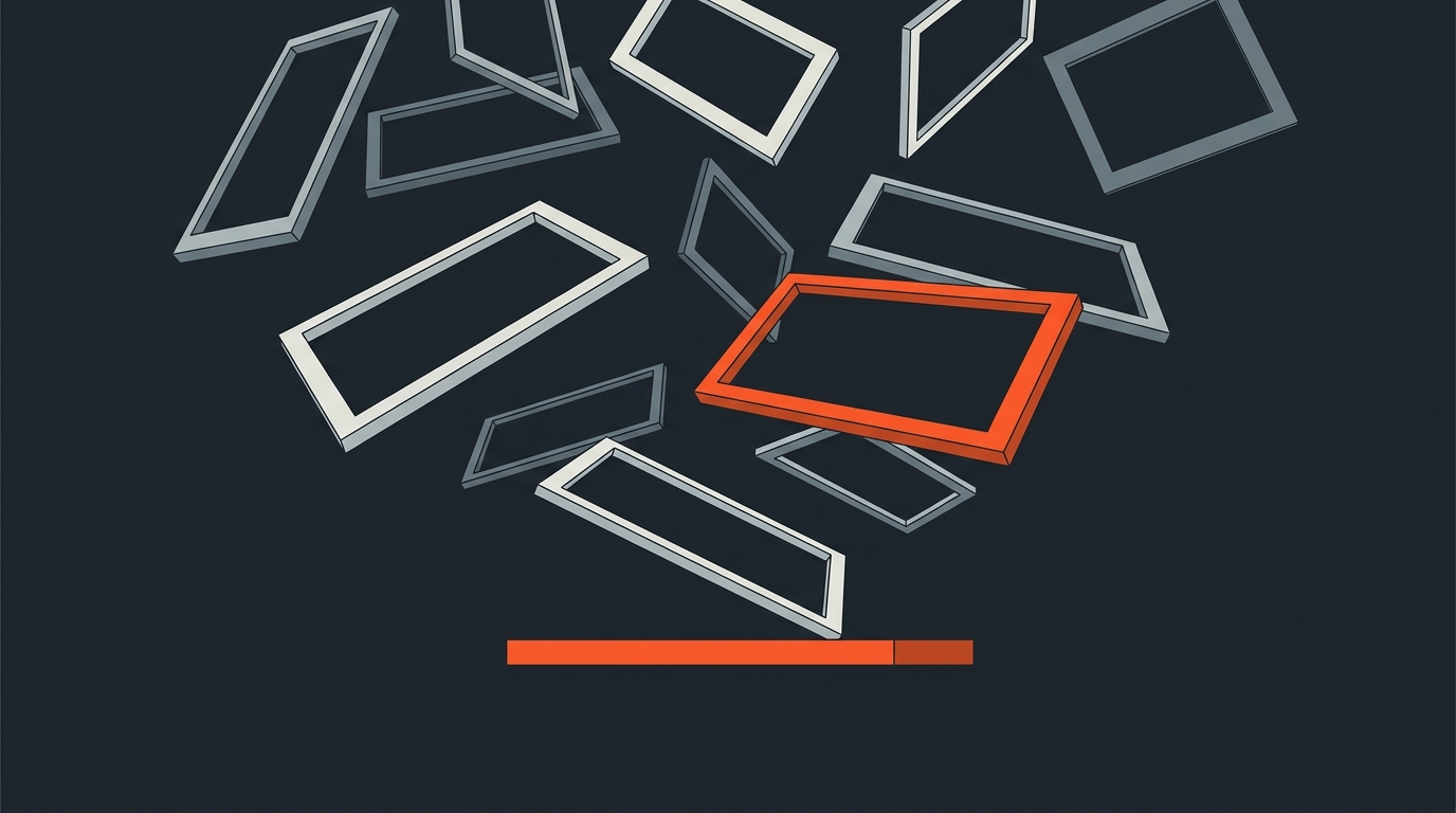 Abstract flat illustration of scattered camera-angle frames converging into one orange timeline bar, representing multicam interview syncing