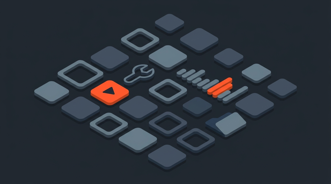 Editorial illustration of a curated grid of geometric app-tile tool shapes, representing best transcript-based video editing tools