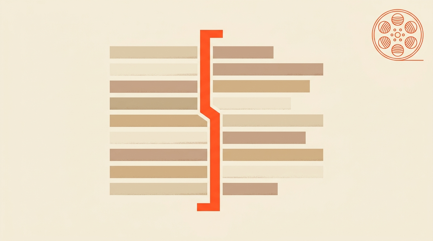 Geometric illustration of a documentary transcript being trimmed with an orange bracket