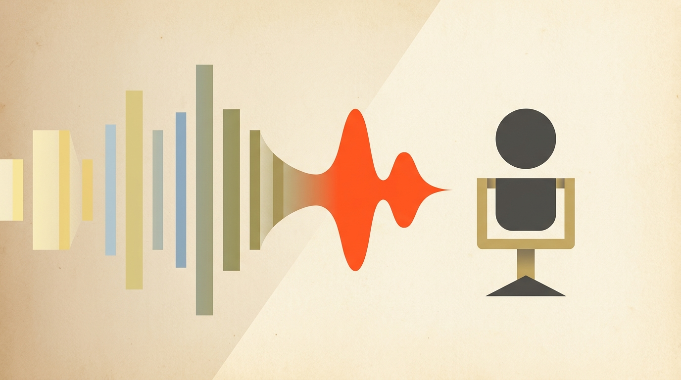 Flat editorial illustration of a soundwave and microphone shape representing podcast editing